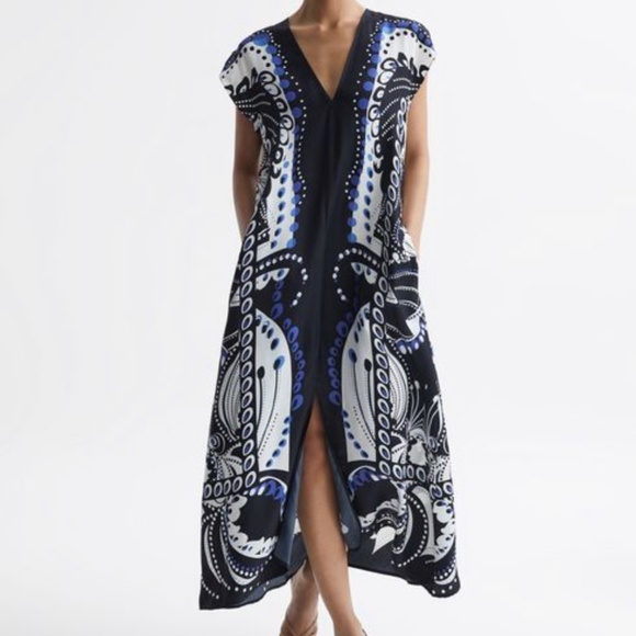 NWT REISS FREJA SCARF PRINTED NAVY/WHITE MIDI DRESS - Size UK 6/ US 2 - Picture 1 of 9